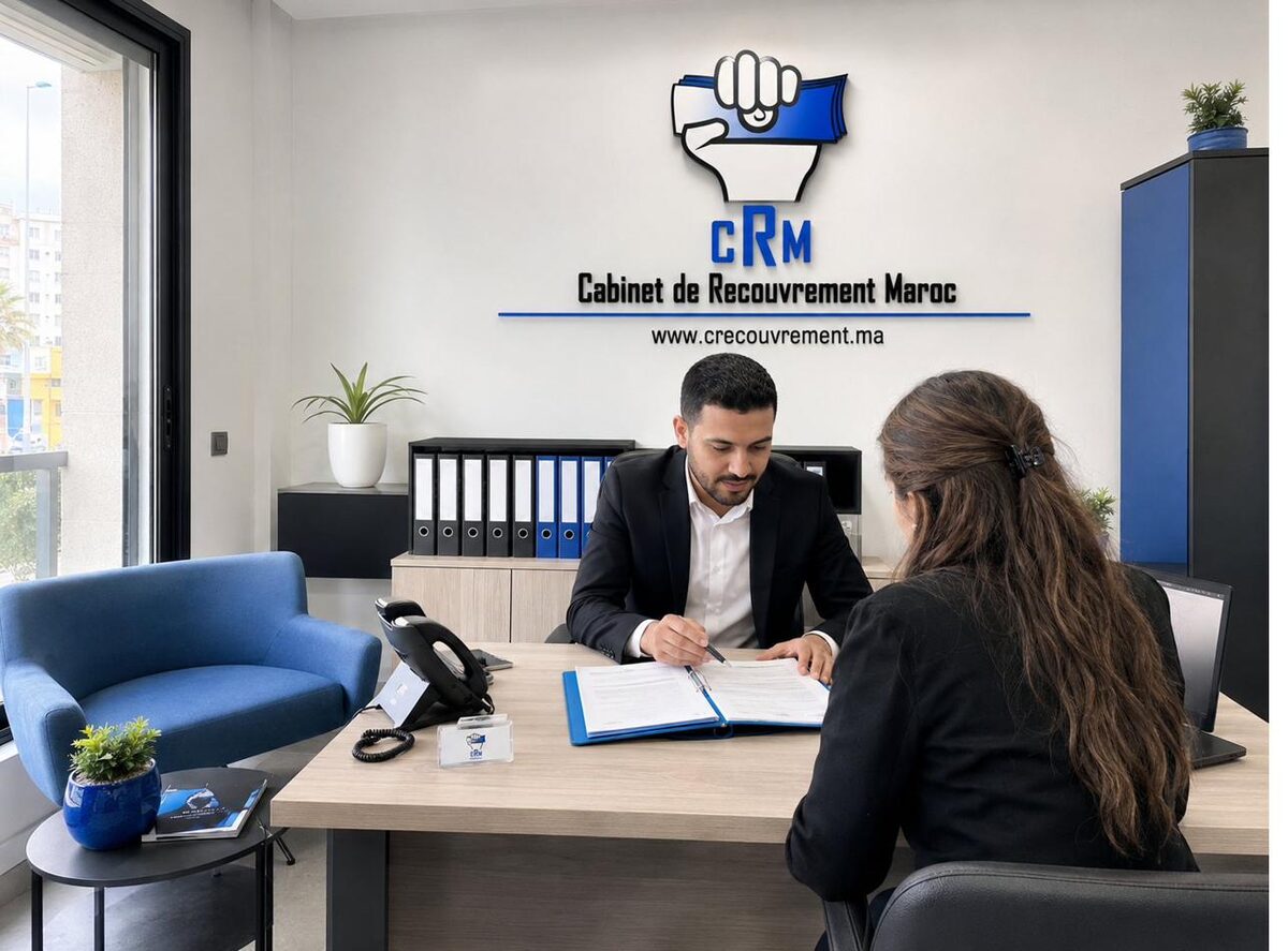 Consultation professionnelle au cabinet CRM Maroc autour d'un dossier de recouvrement.