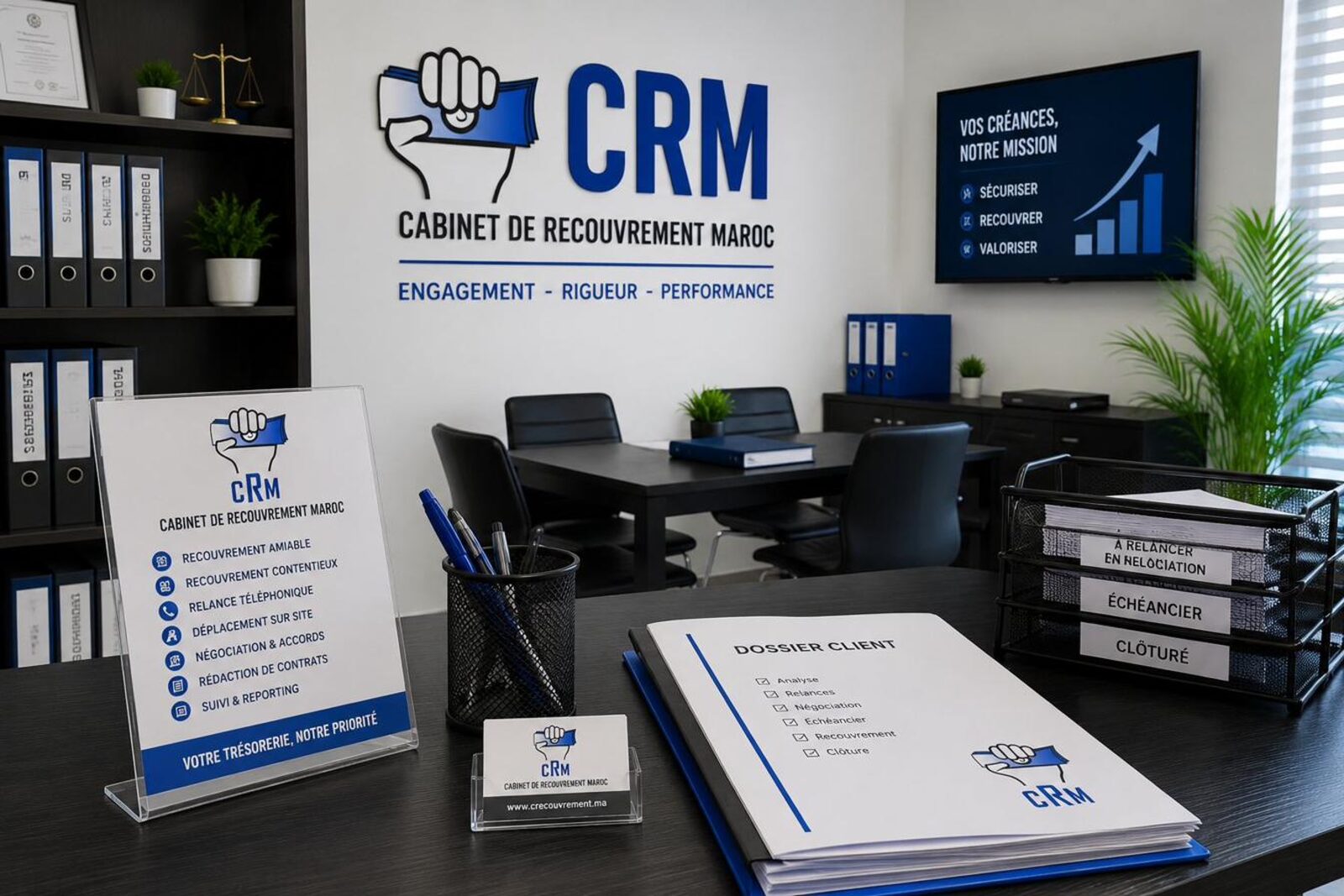 Bureau du cabinet CRM Maroc à Mohammedia : dossiers clients organisés et identité visuelle bleue.